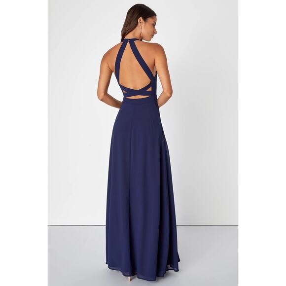 Lulus Confidently Charismatic Navy Blue Backless Halter Maxi Dress Wedding Sz XL - Picture 3 of 6